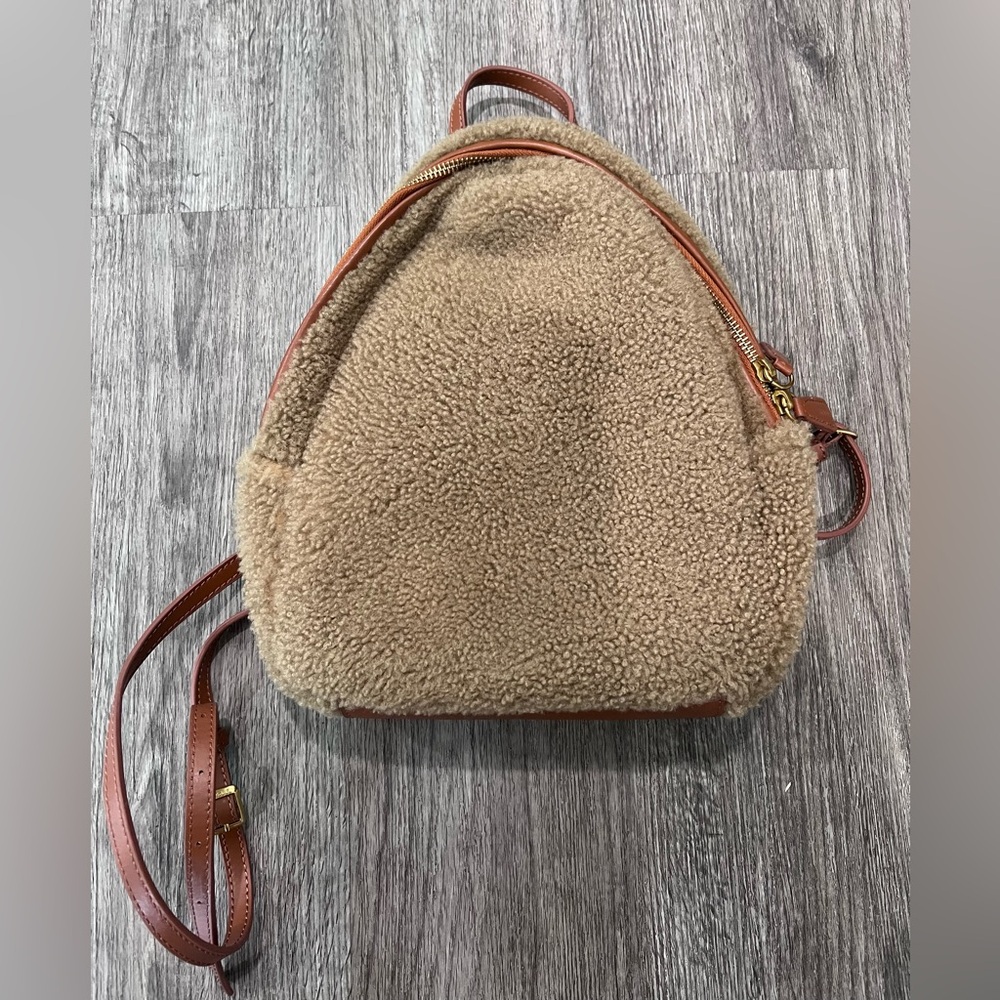 STAUD Khaki Brown Shearling Mini Backpack w/ Tan Leather Handle & Trim